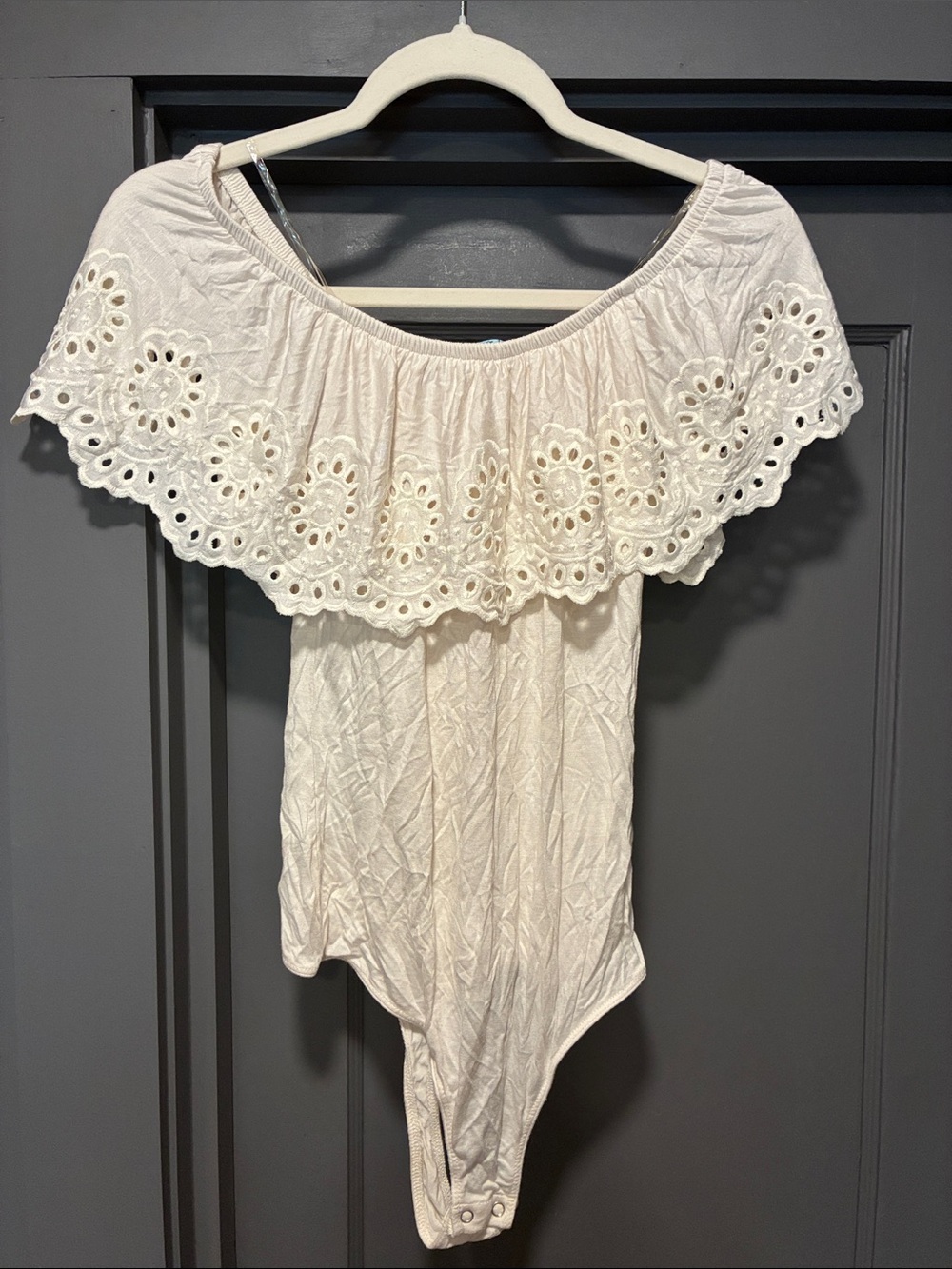 Francesca's Collections White Off-Shoulder Eyelet Ruffle Bodysuit